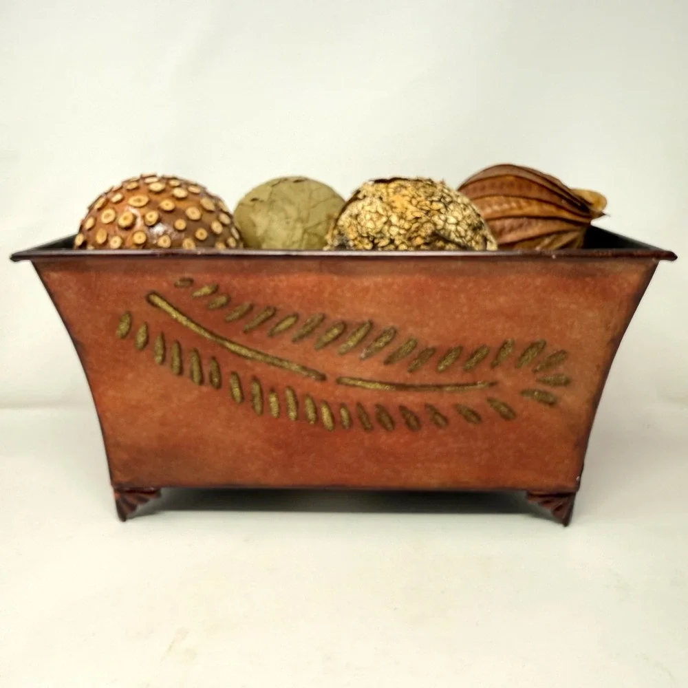 Metal Planter Box with Gold Leaf Motif and 7 Decorative Orbs 16in Autumn Decor